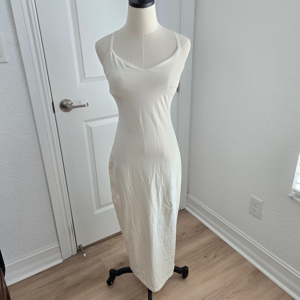 AYM‎ Studio Bamboo Cotton Cross Back Midi Dress Off White Cream V-Neck Size M